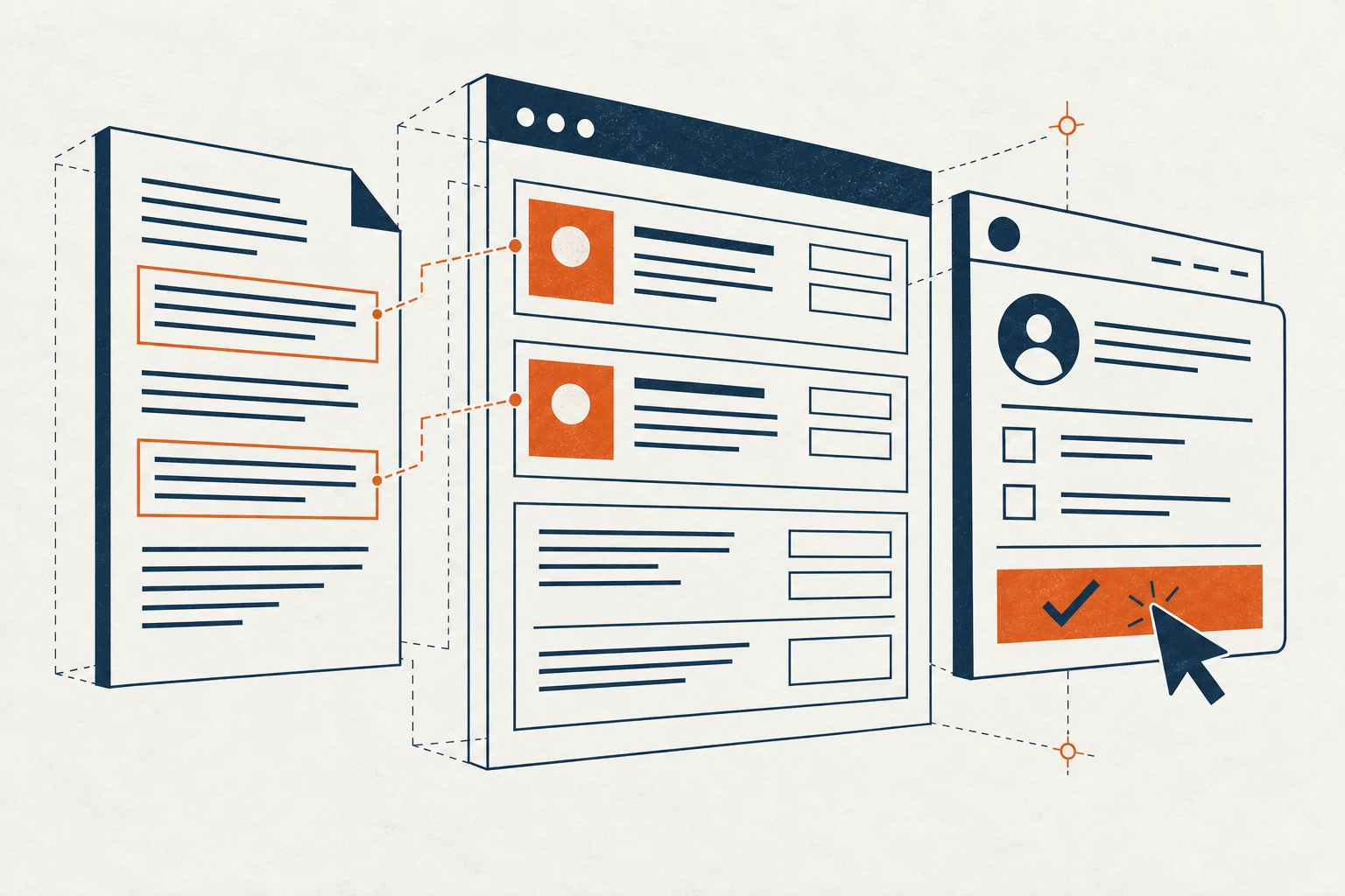 Illustration of documents passing through an AI-assisted workflow for human approval