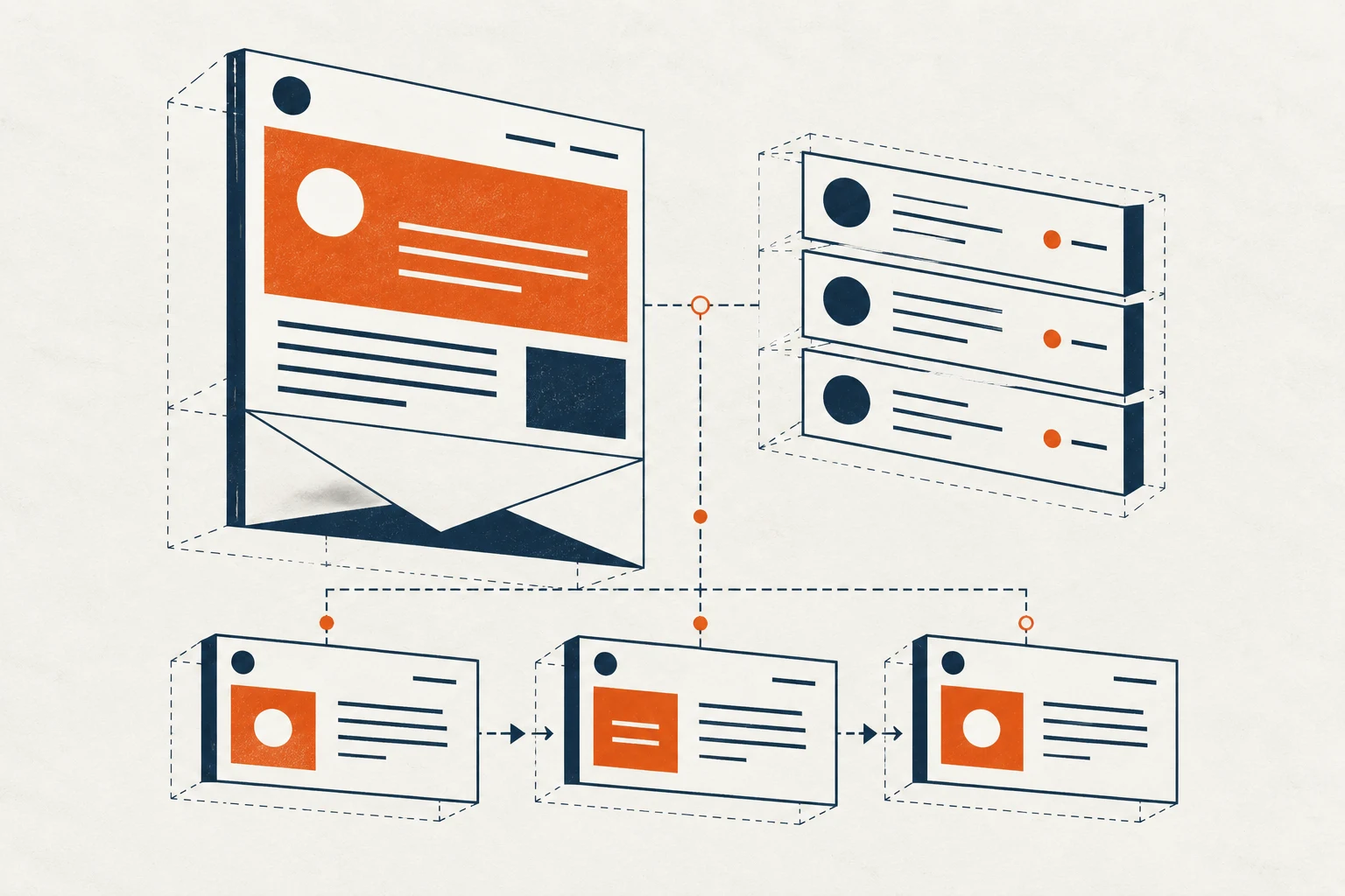 Illustration of a newsletter connected to contacts and automated follow-up emails