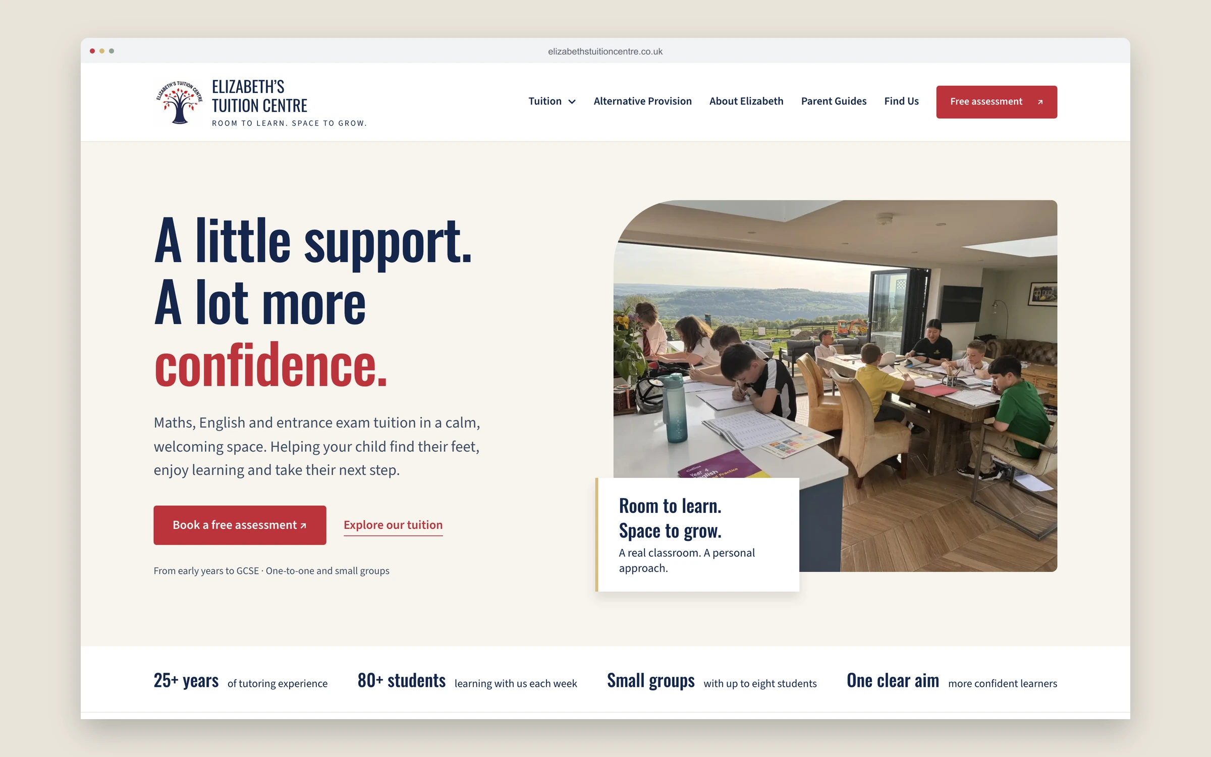 The rebuilt Elizabeth’s Tuition Centre homepage with tuition information and a free assessment link.