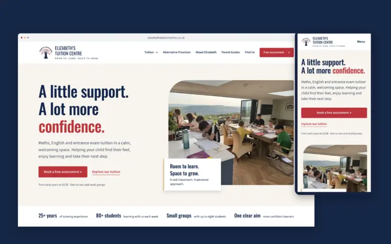 Desktop and mobile views of the rebuilt Elizabeth’s Tuition Centre homepage.