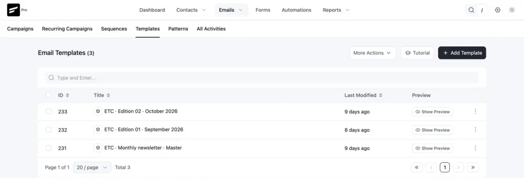 Reusable newsletter templates inside the website’s CRM.