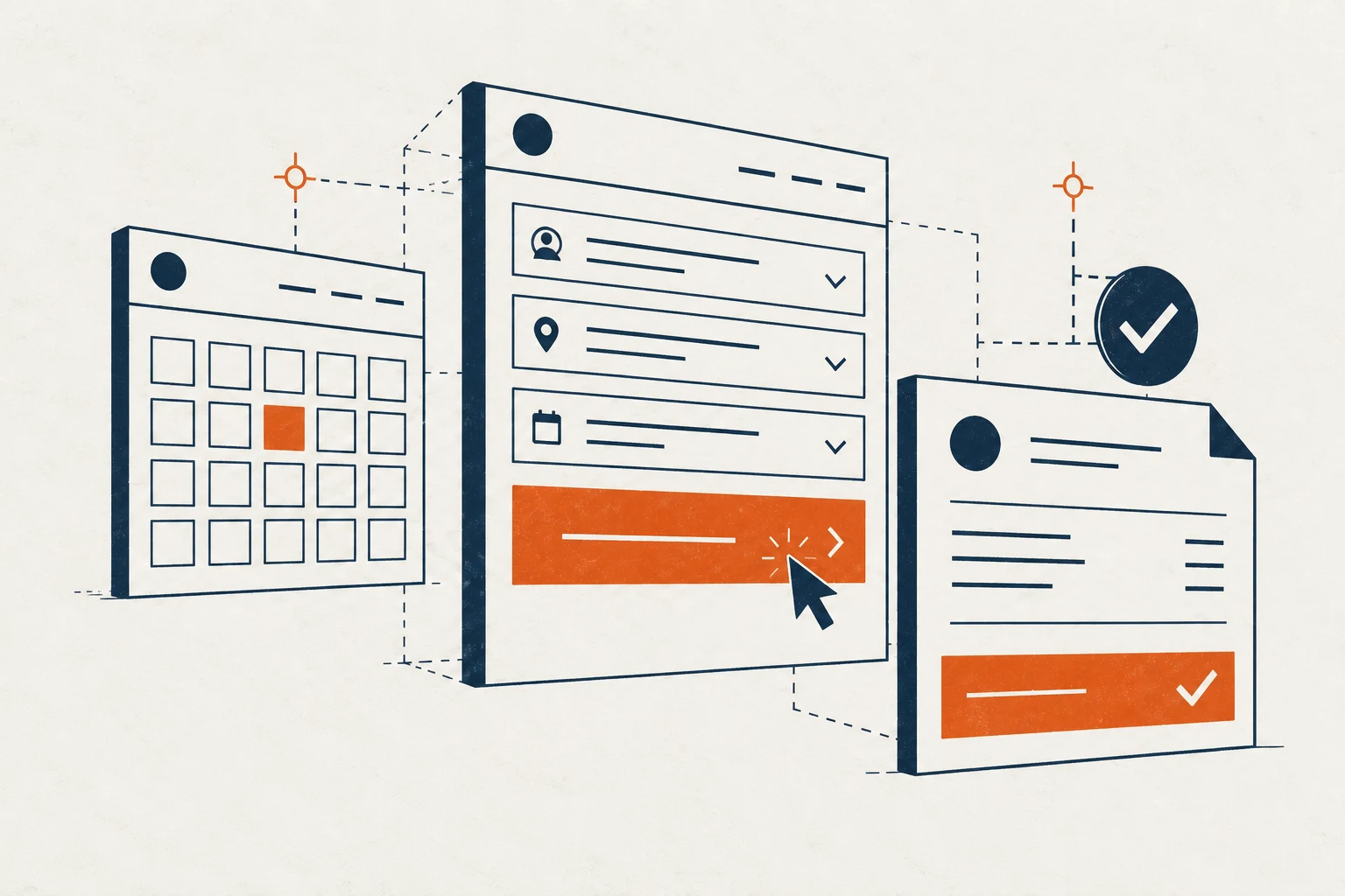 Illustration of a booking calendar, enquiry form and confirmed quote