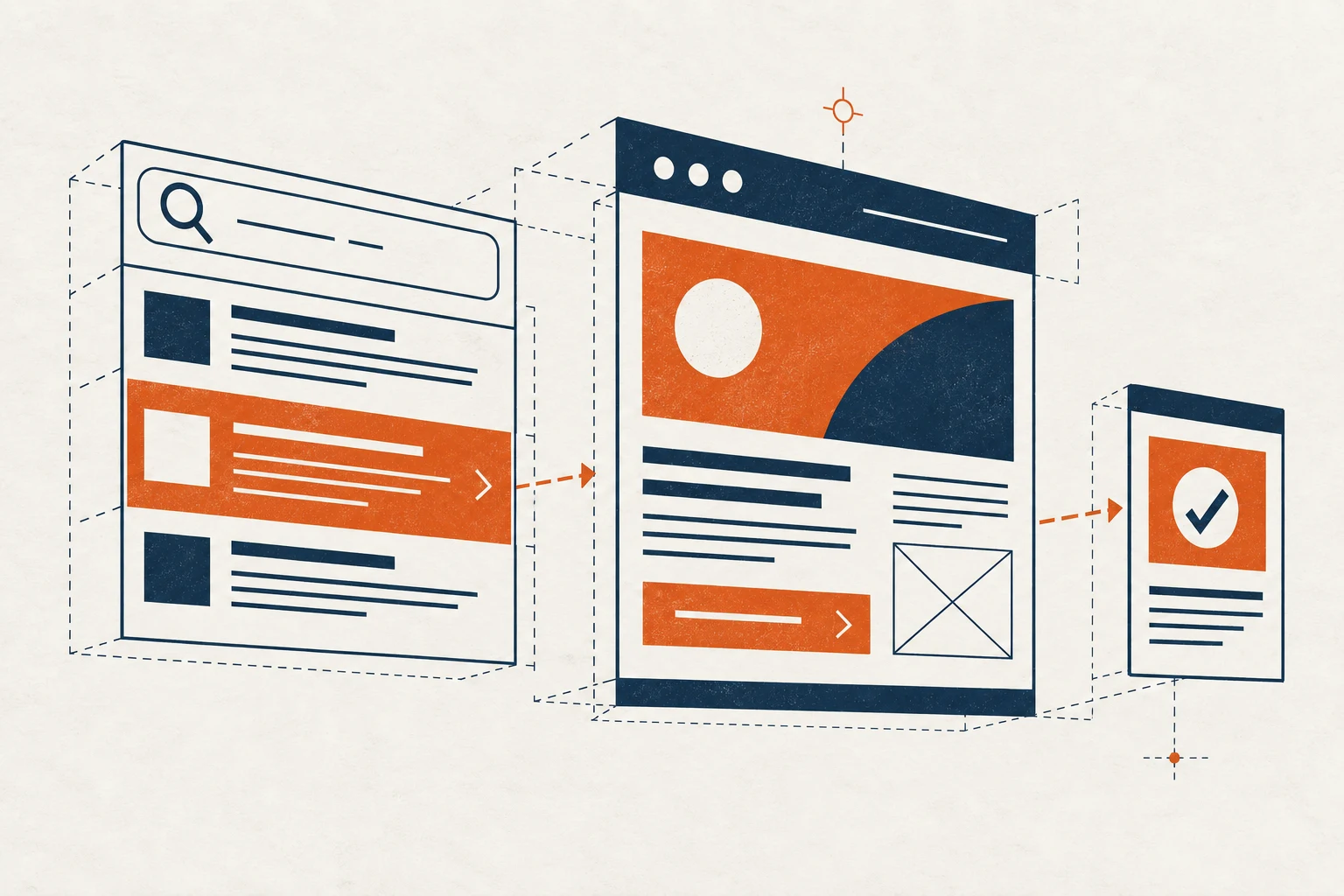Illustration of a search ad leading to a website and completed enquiry