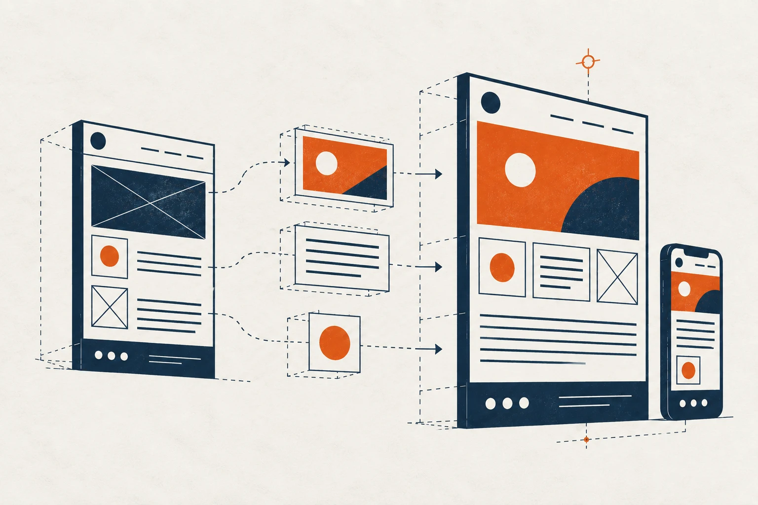 Illustration of content moving from an old website into desktop and mobile layouts
