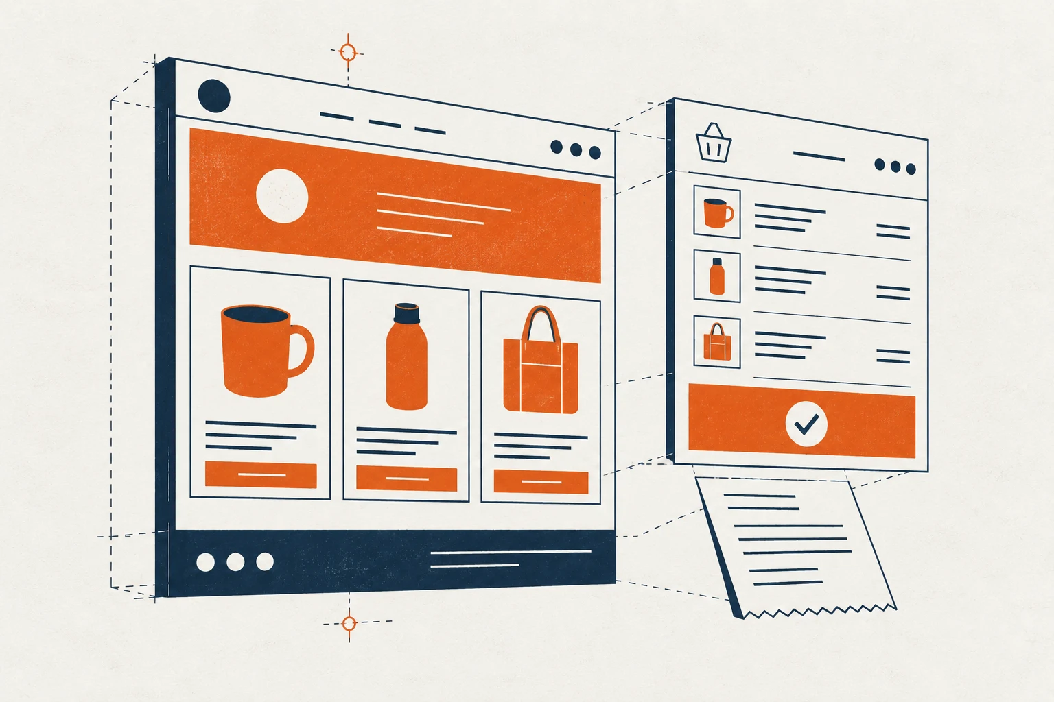 Illustration of product pages connected to a shopping basket and order receipt